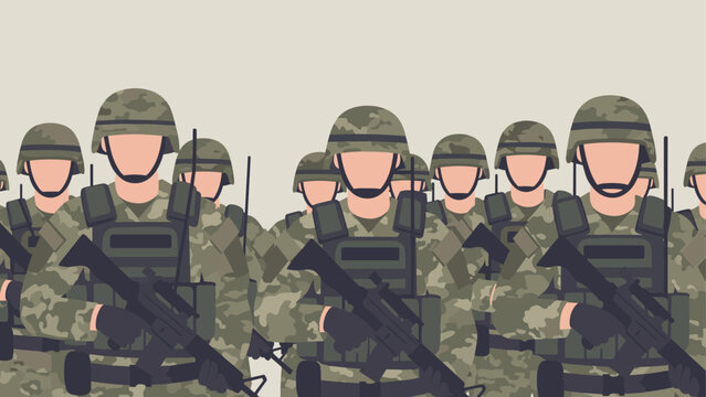 Military troop formation in camouflage gear and helmets