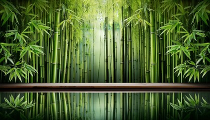 bamboo creating a lush green wall and natural background bringing a calm zen and serene atmosphere depicting growth freshness and organic beauty on a reflective surface