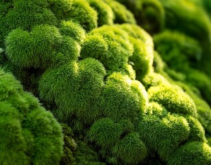 close up of vibrant green moss clinging to a rough textured surface in natural light