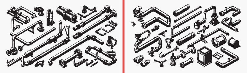 Naklejka premium mechanical tools illustration, industrial part icons, hand drawn equipment sketches, black and white tool drawings, engineering tools art, hardware illustration set, technical icon collection