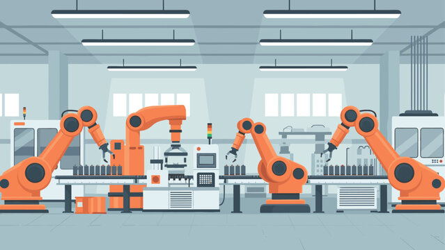 Modern automated robotics in manufacturing facility with assembly line in flat design