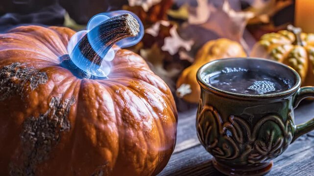 Extremely slow motion shot of translucent blue spectral vapor wrapping around the stem of a rustic autumn pumpkin near a bubbling ceramic cup stem, cinematic, detail