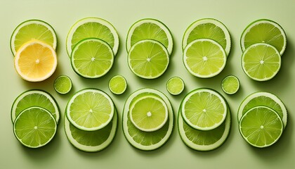 sliced green citrus fruit pieces arranged on a neutral background
