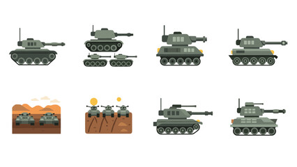 Naklejka premium Flat military tanks set with various angles and battlefield backgrounds for war and strategy themes