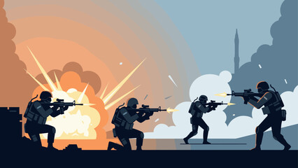 Naklejka premium Silhouette soldiers in battle with explosions in dramatic dynamic scene