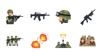 Naklejka premium Flat military icons set featuring soldiers, weapons, and explosions in various scenarios