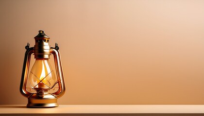 minimal oil lamp with burning flame on beige background symbolizing light and hope with copy space