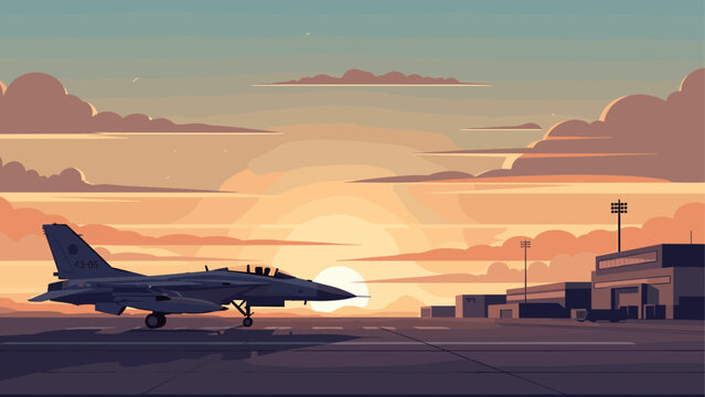 Fighter jet silhouette at sunset on airport runway with hangars