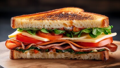 a close up of a gourmet sandwich featuring layers of meat cheese tomatoes and greens on toasted bread