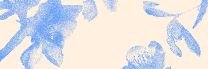 Blue cyanotype botanical background. Soft stipple overlay texture with flower, leaf and twig silhouette. Delicate indigo blue nature banner for template and graphic design project.