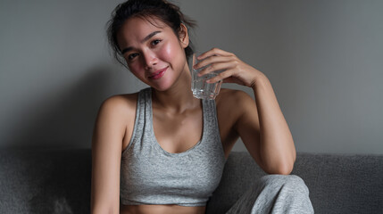 Woman drinking water sitting on the sofa.