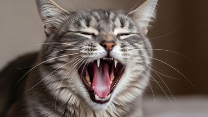 Gray Tabby Cat Yawns with Open Mouth.