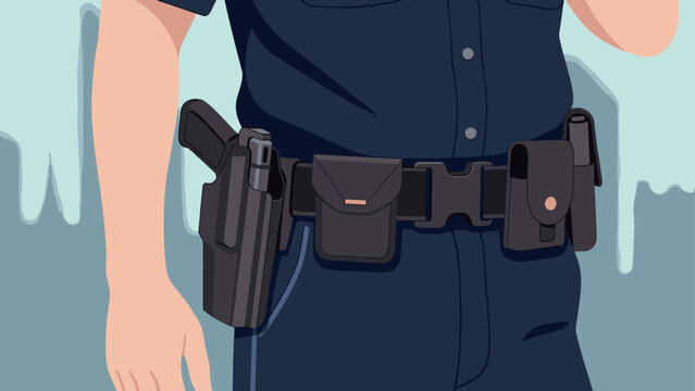 Police officer belt with holster and radio in urban setting