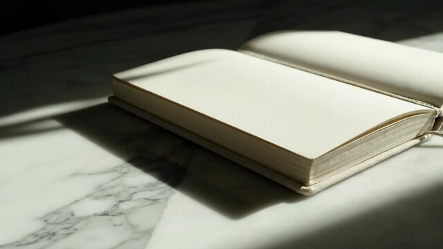 Extremely slow motion tracking shot capturing the subtle shift of deep natural shadows moving across a clean blank journal and white marble surface focus, advertising, blank