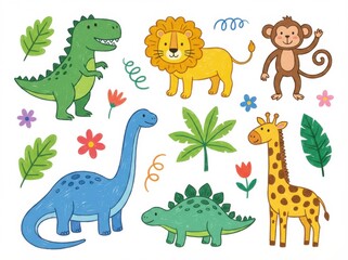 Naklejka premium flat kids set of kids doodles and animals simple dinosaurs and jungle animals perfect for posters social media graphics and web design isolated on white background