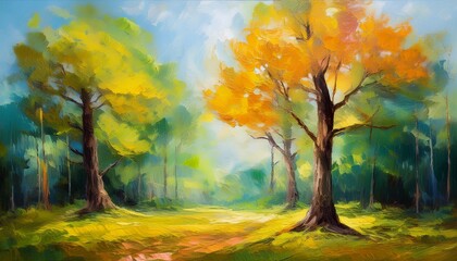 impressionistic oil painting depicts a forest scene with two prominent trees
