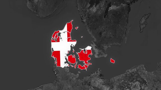 Denmark regions highlighted in red on a dark background map