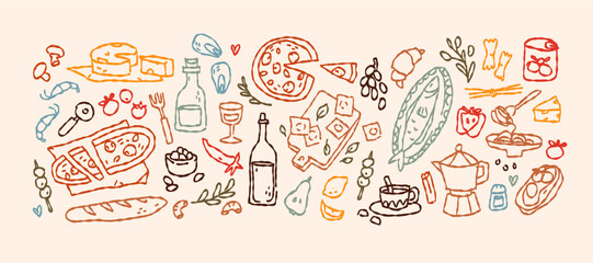 Italian and Mediterranean cuisine. Pasta, pizza, wine, and seafood in vintage doodle style for menus and restaurant design. Hand drawn food illustration set.