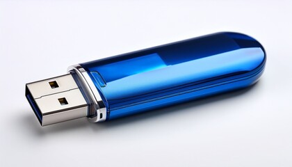 blue usb flash drive on white background for digital data storage