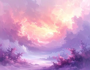 Fototapeta premium Majestic sky filled with pink and purple clouds above a tranquil landscape.