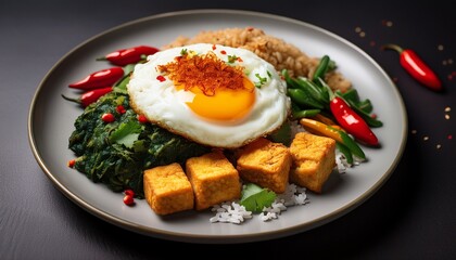 a plate of food with a fried egg in the center topped with chopped herbs and red chili flakes the dish also includes rice fried tofu and a spinach like topping