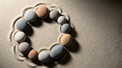 A circle of smooth multicolored pebbles on a sandy surface