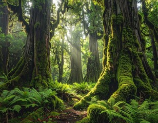 Fototapeta premium Sunlight filters through moss-covered ancient trees in a lush forest.