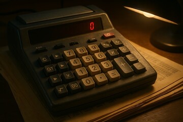 Vintage Electronic Calculator on Desk Illuminated by Warm Light