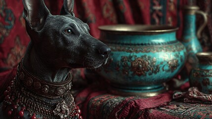 Ornate dog sculpture and decorative vases on richly patterned fabric