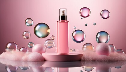 pink cosmetic bottle display on a minimalist podium surrounded by floating soap bubbles and iridescent spheres symbolizing gentle skincare and beauty products