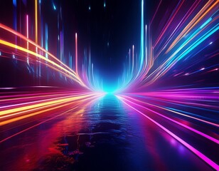 neon light trails on dark wet background