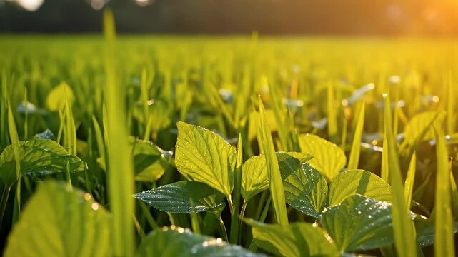 Bohag Bihu paddy leaves symbolism background with green and gold tones and spring motion