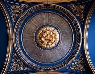 ornate deep blue ceiling panel with a gold circular floral motif in the center