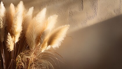 pampas grass with soft warm light against a textured stucco wall