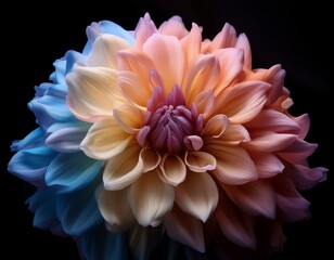 dramatic close up of a ruffled flower with multiple pastel colors against a stark black background