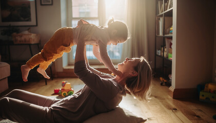 Loving Grandmother and Granddaughter having Family Time, Playful Moment in Bright Modern Home Interior