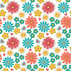 Groovy 70s floral seamless vector pattern with cute hearts