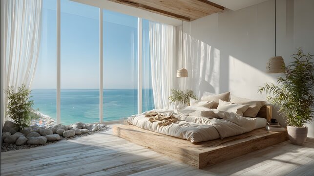 Serene bedroom interior features a light wood bed with beige linens and a panoramic ocean view through large windows with sheer curtains.