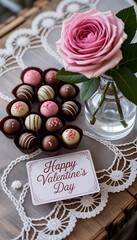Beautiful pink rose and assorted chocolates presented on a delicate lace doily