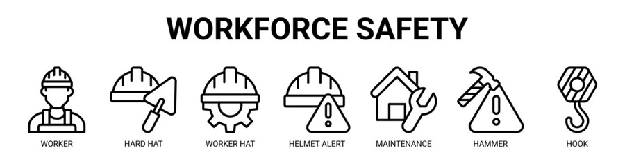 Fototapeta premium Workforce Safety web banner icon vector illustration concept for business with icon of worker, hard hat, worker hat, helmet alert, maintenance, hammer, hook.