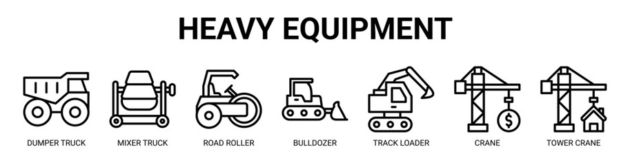 Heavy Equipment web banner icon vector illustration concept for business with icon of dumper truck, mixer truck, road roller, bulldozer, track loader, crane, tower crane. © santerabos