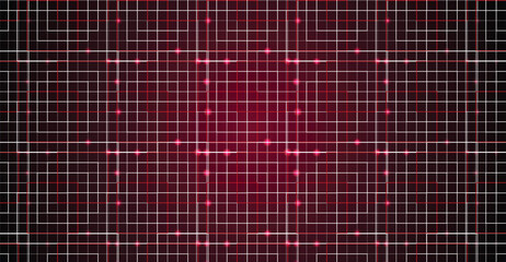 Abstract dark red background with a symmetrical grid of thin white lines and glowing red dots, creating a futuristic digital pattern.