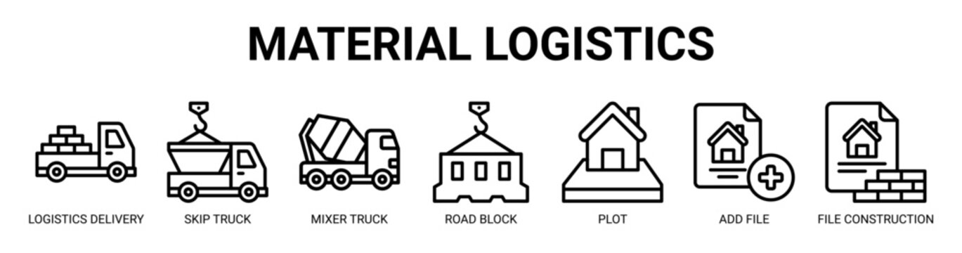Material Logistics web banner icon vector illustration concept for business with icon of logistics delivery, skip truck, mixer truck, road block, plot, add file, file construction.