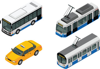 Isometric public transport vehicles illustration, bus, tram, metro train, taxi car, urban mobility, city transportation concept design ©  Creative vectors