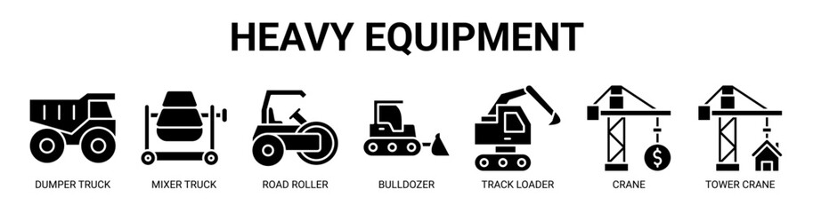 Heavy Equipment web banner icon vector illustration concept for business with icon of dumper truck, mixer truck, road roller, bulldozer, track loader, crane, tower crane. © santerabos