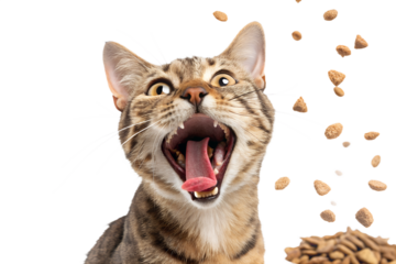 Ultra realistic cat portrait, close-up, cat with mouth wide open and tongue clearly visible, crazy funny expression, excited eyes, trying to catch falling dry cat food, many kibble pieces scattered ev