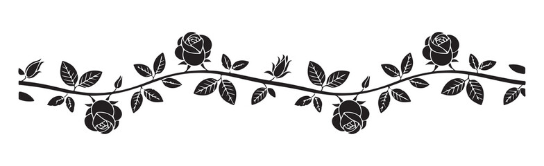 Black silhouette rose border design with solid flowers and leaves on curved vine for elegant contrast decorations