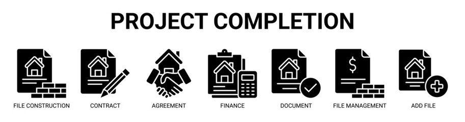 Fototapeta premium Project Completion web banner icon vector illustration concept for business with icon of file construction, contract, agreement, finance, document, file management, add file.
