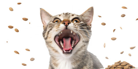 Ultra realistic cat portrait, close-up, cat with mouth wide open and tongue clearly visible, crazy funny expression, excited eyes, trying to catch falling dry cat food, many kibble pieces scattered ev