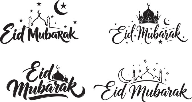 Silhouette Mosque with Crescent Moon and Stars: Celebrating the Joyful Occasion of Eid Mubarak with Festive Designs
